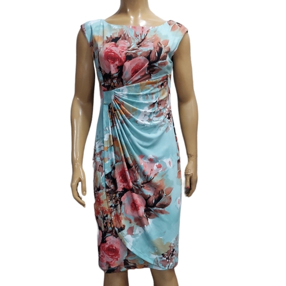 Connected Apparel Floral Print Ruched Wrap Look Midi Dress - Picture 2 of 14